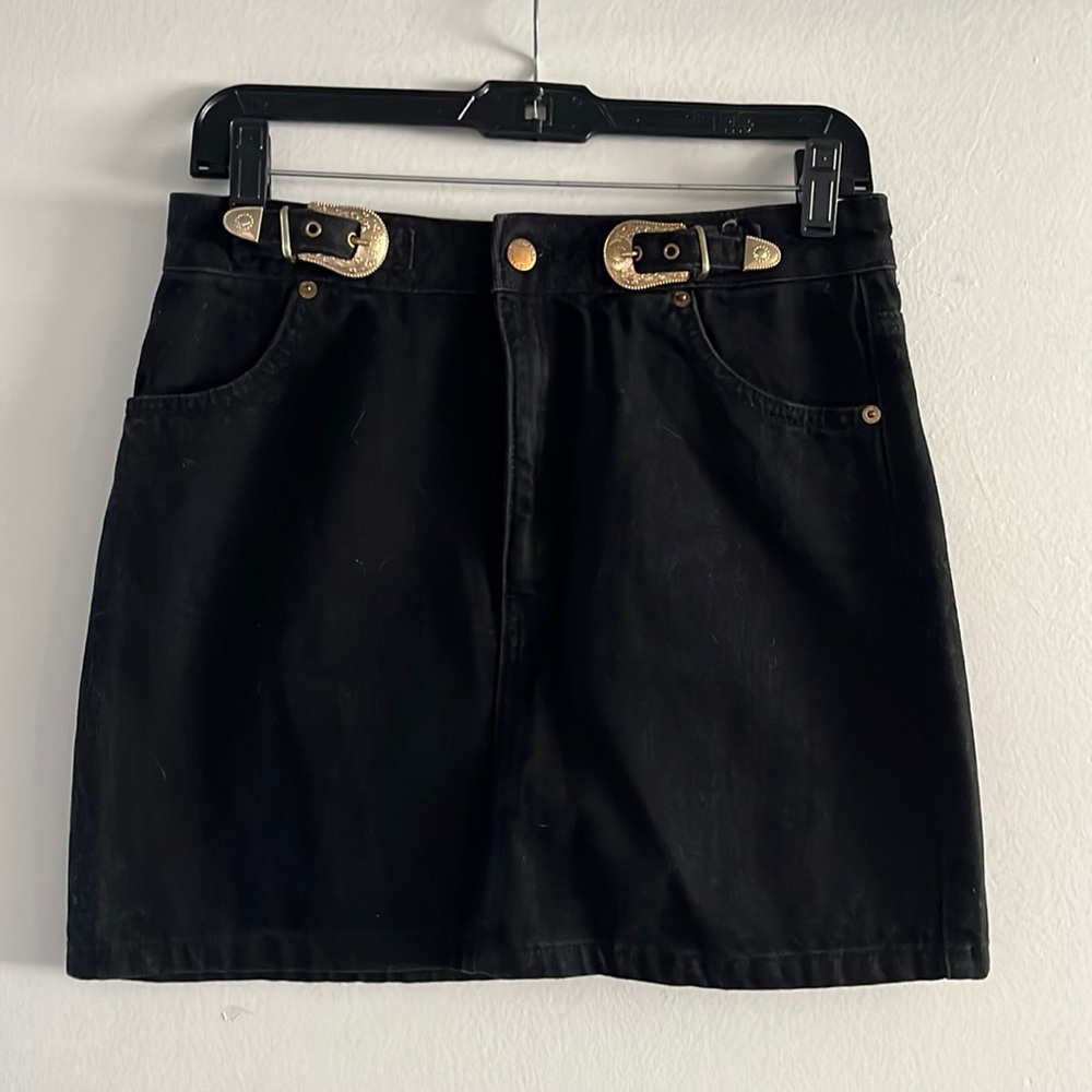 Topshop Black Denim Mini Skirt w Gold Belt